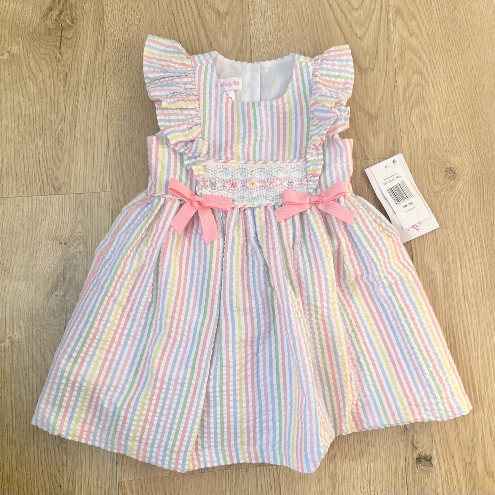 Bonnie Baby Easter Striped Dress Bloomer Matching Set Embroidered Pink Bows